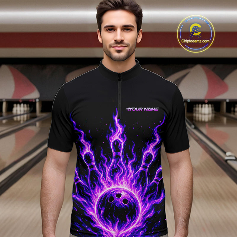 Custom Purple Flame Bowling Polo, Quarter Zip Shirts For Men Custom Bowling League Team Jersey TDM8115