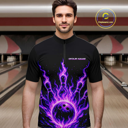 Custom Purple Flame Bowling Polo, Quarter Zip Shirts For Men Custom Bowling League Team Jersey TDM8115