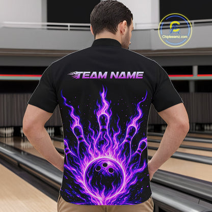 Custom Purple Flame Bowling Polo, Quarter Zip Shirts For Men Custom Bowling League Team Jersey TDM8115