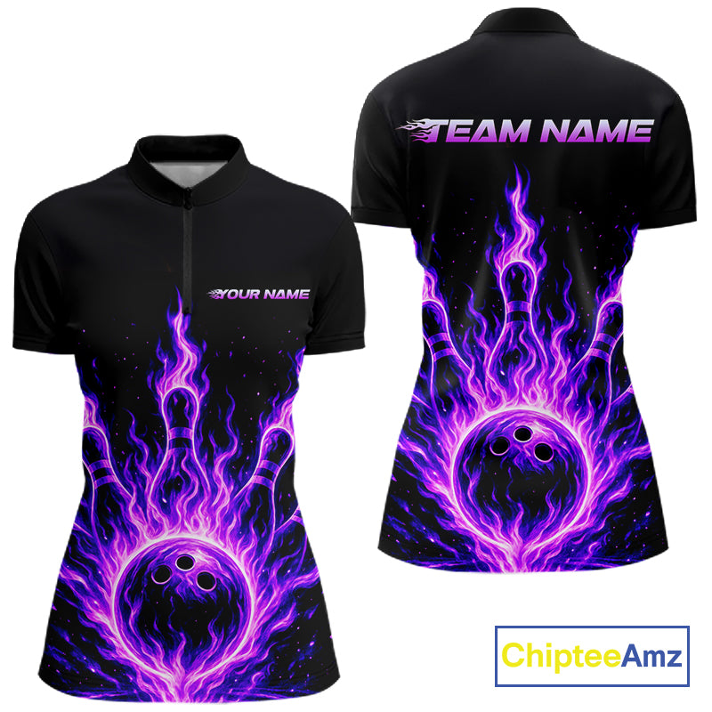 Custom Purple Flame Bowling Polo, Quarter Zip Shirts For Women Custom Bowling League Team Jersey TDM8115