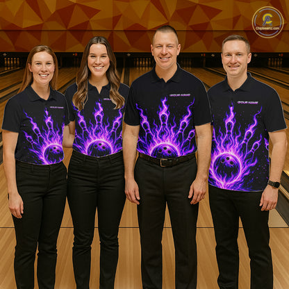 Custom Purple Flame Bowling Polo, Quarter Zip Shirts For Men Custom Bowling League Team Jersey TDM8115