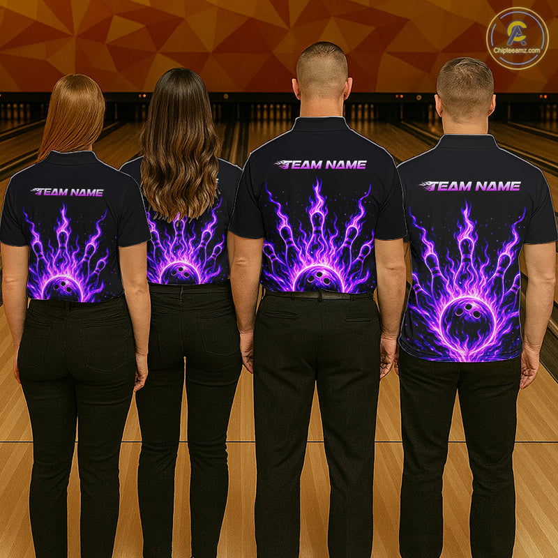 Custom Purple Flame Bowling Polo, Quarter Zip Shirts For Men Custom Bowling League Team Jersey TDM8115