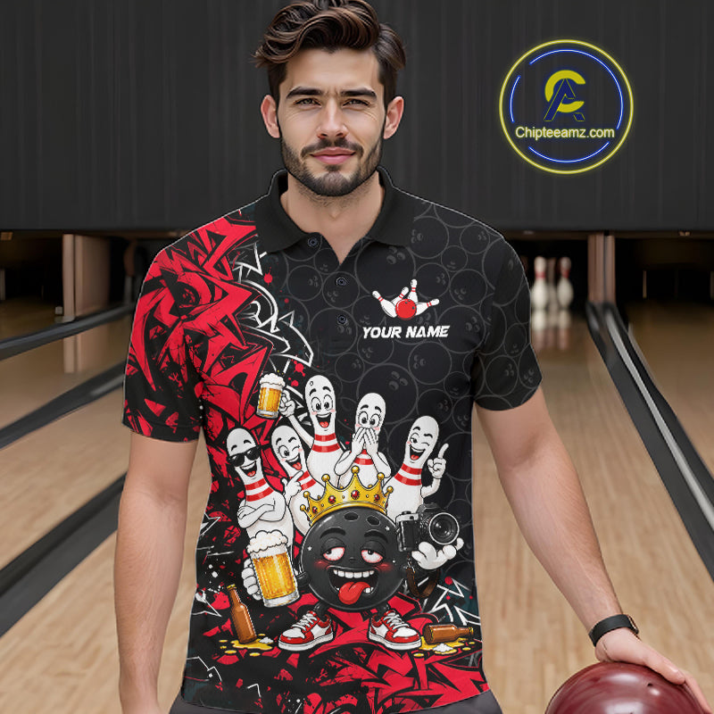 Black And Red Funny Drunk Beer Bowling Shirts For Men Custom Crown Bowling Jersey Team Uniform TDM8116