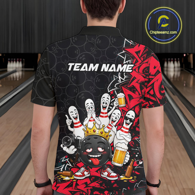 Black And Red Funny Drunk Beer Bowling Shirts For Men Custom Crown Bowling Jersey Team Uniform TDM8116