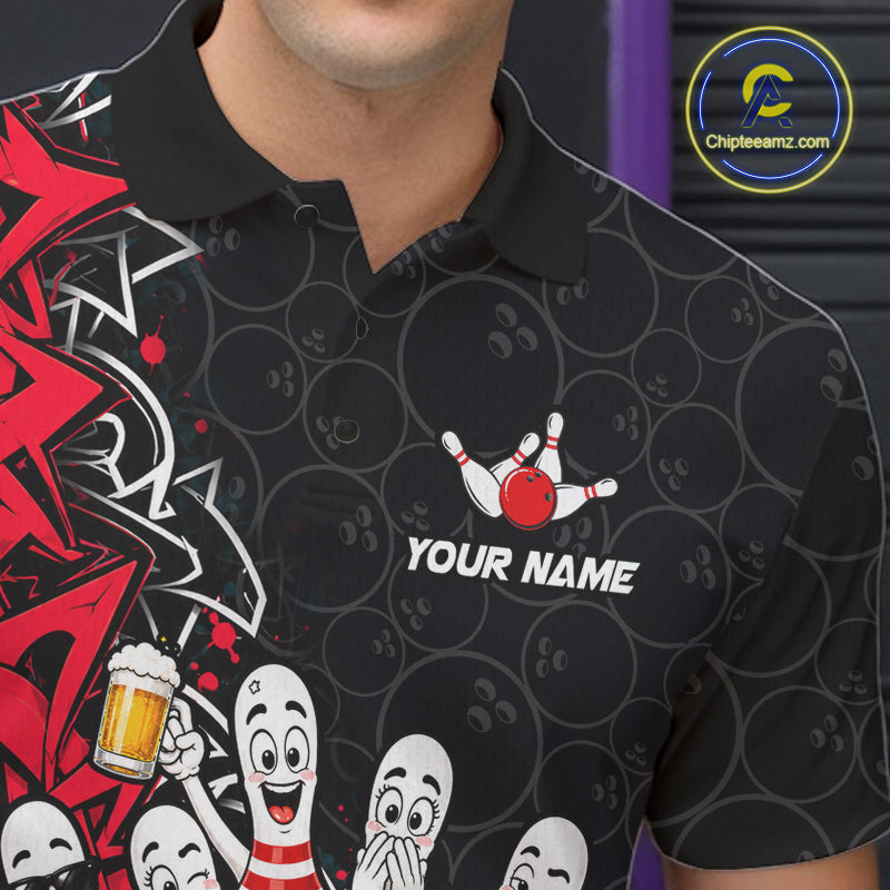 Black And Red Funny Drunk Beer Bowling Shirts For Men Custom Crown Bowling Jersey Team Uniform TDM8116