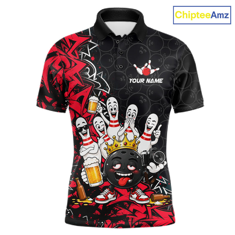 Black And Red Funny Drunk Beer Bowling Shirts For Men Custom Crown Bowling Jersey Team Uniform TDM8116
