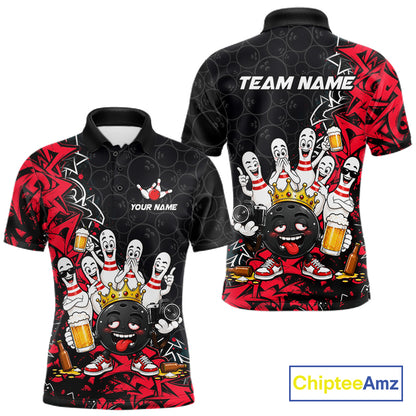 Black And Red Funny Drunk Beer Bowling Shirts For Men Custom Crown Bowling Jersey Team Uniform TDM8116
