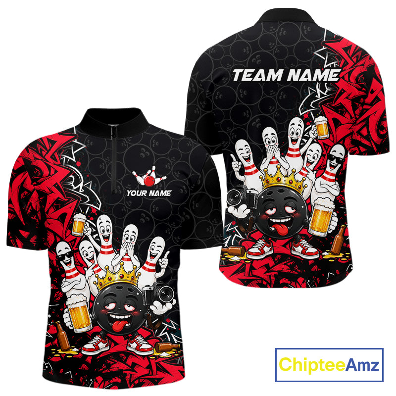 Black And Red Funny Drunk Beer Bowling Shirts For Men Custom Crown Bowling Jersey Team Uniform TDM8116