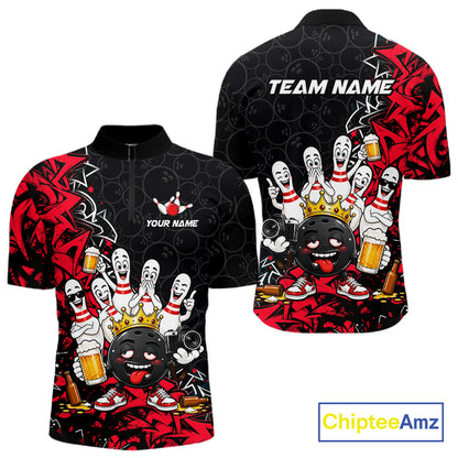 Black And Red Funny Drunk Beer Bowling Shirts For Men Custom Crown Bowling Jersey Team Uniform TDM8116