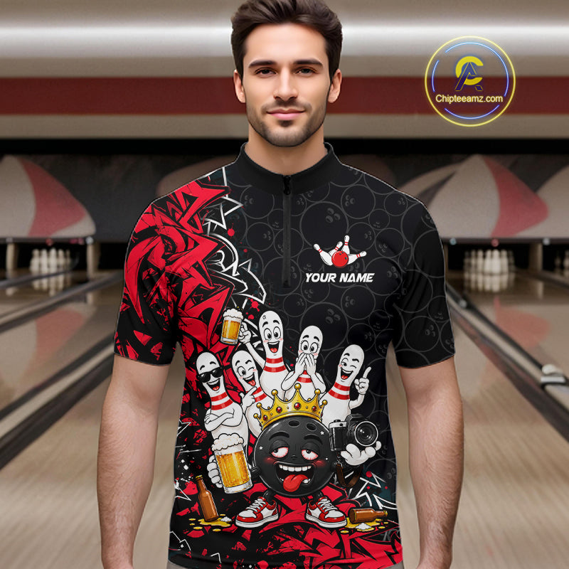 Black And Red Funny Drunk Beer Bowling Shirts For Men Custom Crown Bowling Jersey Team Uniform TDM8116