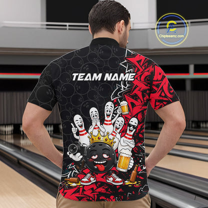 Black And Red Funny Drunk Beer Bowling Shirts For Men Custom Crown Bowling Jersey Team Uniform TDM8116