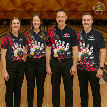 Black And Red Funny Drunk Beer Bowling Shirts For Men Custom Crown Bowling Jersey Team Uniform TDM8116