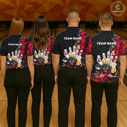 Black And Red Funny Drunk Beer Bowling Shirts For Men Custom Crown Bowling Jersey Team Uniform TDM8116