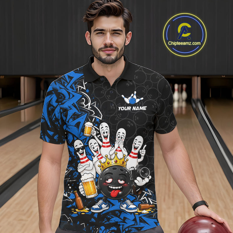 Black And Blue Funny Drunk Beer Bowling Shirts For Men Custom Crown Bowling Jersey Team Uniform TDM8117