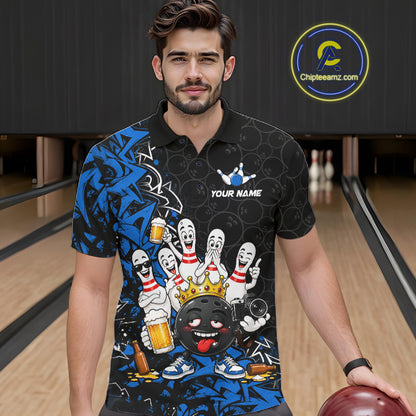 Black And Blue Funny Drunk Beer Bowling Shirts For Men Custom Crown Bowling Jersey Team Uniform TDM8117