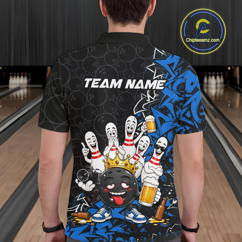 Black And Blue Funny Drunk Beer Bowling Shirts For Men Custom Crown Bowling Jersey Team Uniform TDM8117