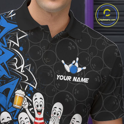 Black And Blue Funny Drunk Beer Bowling Shirts For Men Custom Crown Bowling Jersey Team Uniform TDM8117