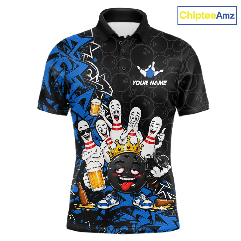 Black And Blue Funny Drunk Beer Bowling Shirts For Men Custom Crown Bowling Jersey Team Uniform TDM8117