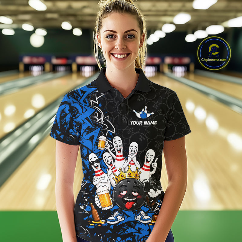 Black And Blue Funny Drunk Beer Bowling Shirts For Women Custom Crown Bowling Jersey Team Uniform TDM8117