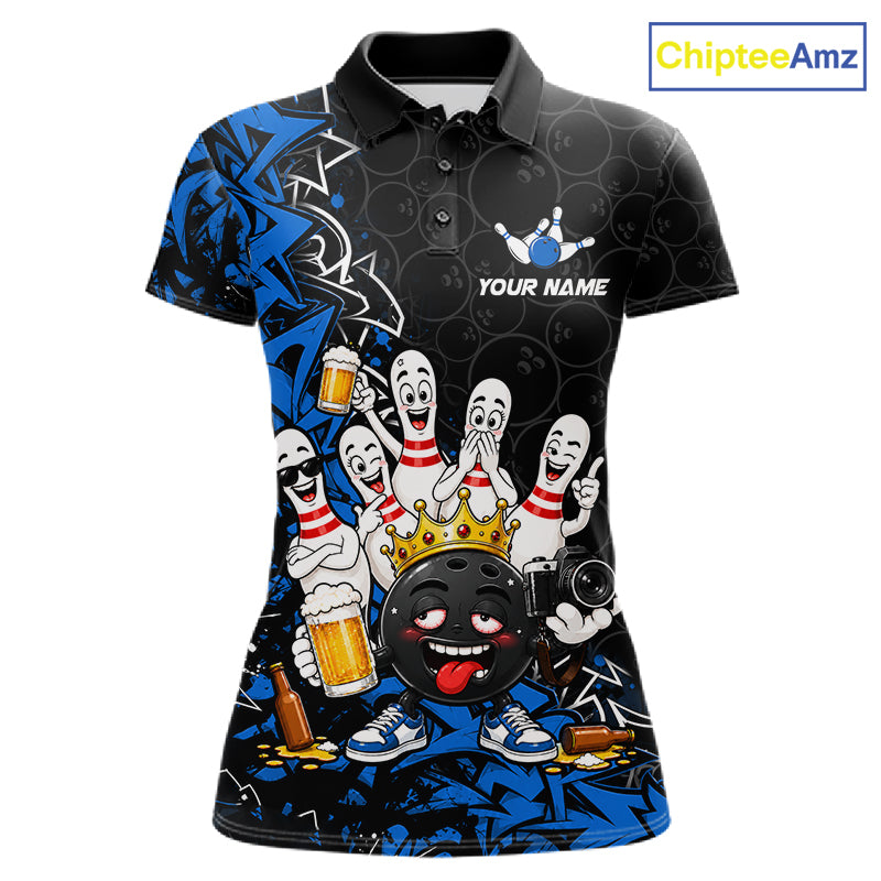 Black And Blue Funny Drunk Beer Bowling Shirts For Women Custom Crown Bowling Jersey Team Uniform TDM8117