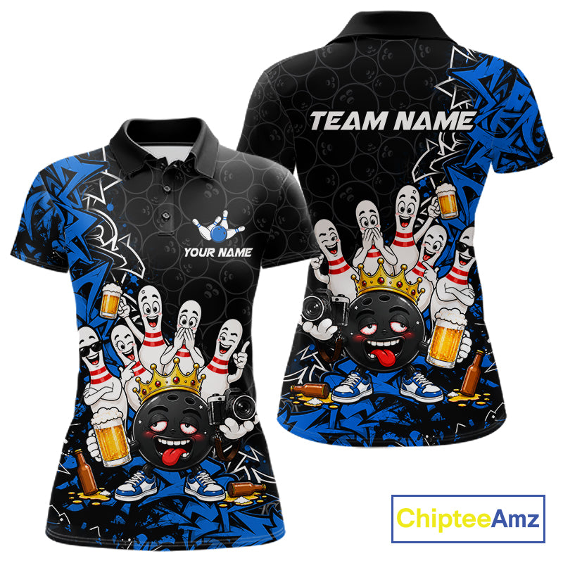 Black And Blue Funny Drunk Beer Bowling Shirts For Women Custom Crown Bowling Jersey Team Uniform TDM8117
