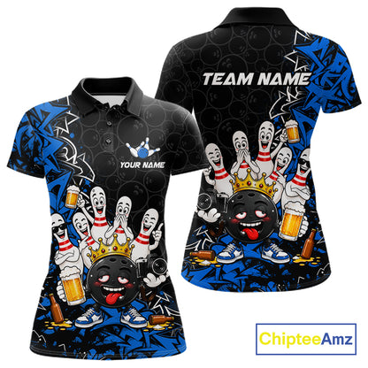 Black And Blue Funny Drunk Beer Bowling Shirts For Women Custom Crown Bowling Jersey Team Uniform TDM8117