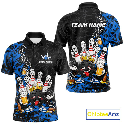 Black And Blue Funny Drunk Beer Bowling Shirts For Men Custom Crown Bowling Jersey Team Uniform TDM8117