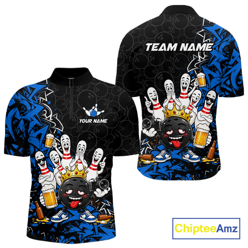 Black And Blue Funny Drunk Beer Bowling Shirts For Men Custom Crown Bowling Jersey Team Uniform TDM8117