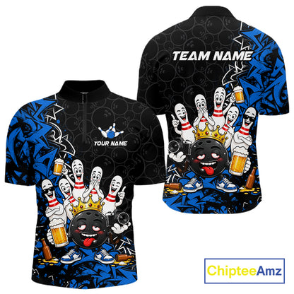 Black And Blue Funny Drunk Beer Bowling Shirts For Men Custom Crown Bowling Jersey Team Uniform TDM8117
