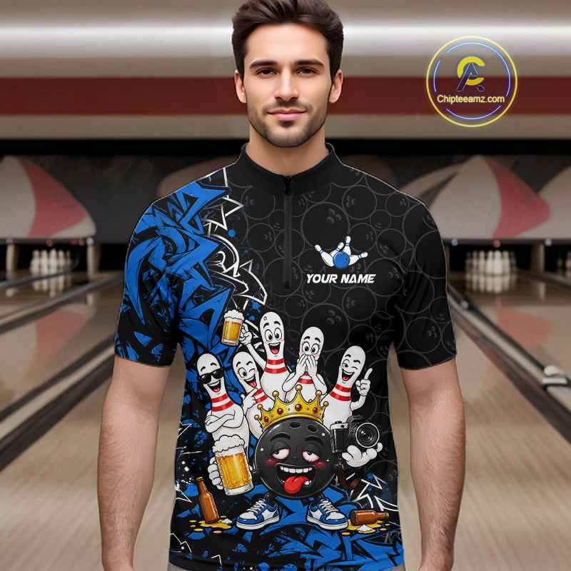 Black And Blue Funny Drunk Beer Bowling Shirts For Men Custom Crown Bowling Jersey Team Uniform TDM8117