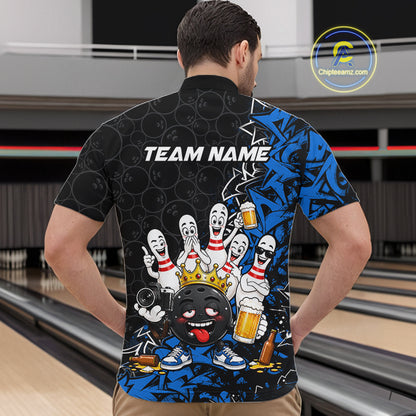 Black And Blue Funny Drunk Beer Bowling Shirts For Men Custom Crown Bowling Jersey Team Uniform TDM8117