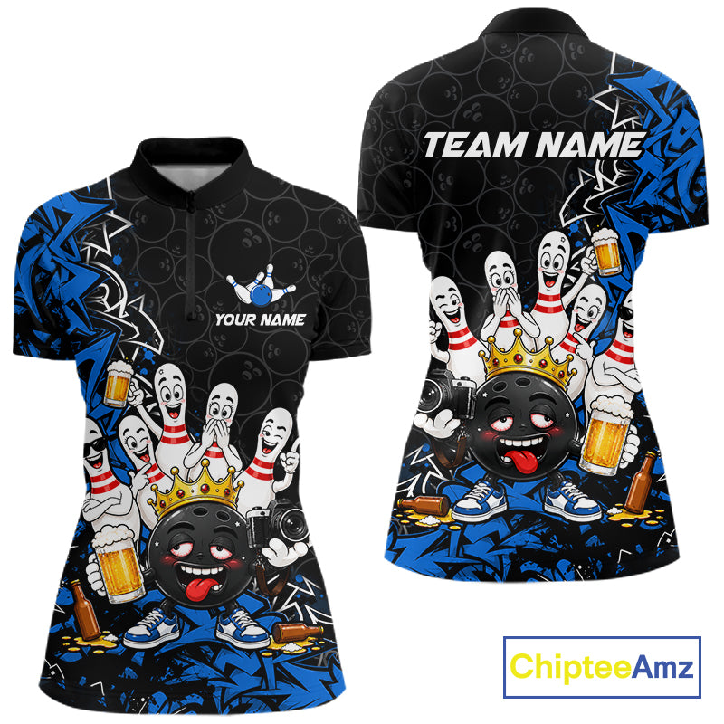 Black And Blue Funny Drunk Beer Bowling Shirts For Women Custom Crown Bowling Jersey Team Uniform TDM8117
