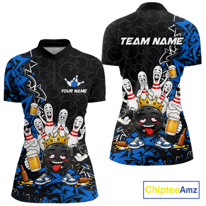 Black And Blue Funny Drunk Beer Bowling Shirts For Women Custom Crown Bowling Jersey Team Uniform TDM8117