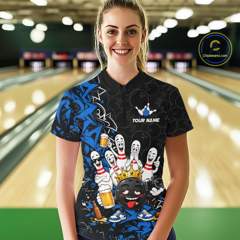 Black And Blue Funny Drunk Beer Bowling Shirts For Women Custom Crown Bowling Jersey Team Uniform TDM8117