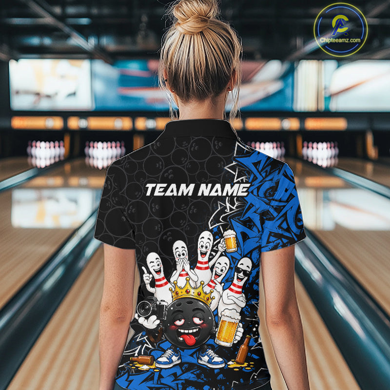 Black And Blue Funny Drunk Beer Bowling Shirts For Women Custom Crown Bowling Jersey Team Uniform TDM8117