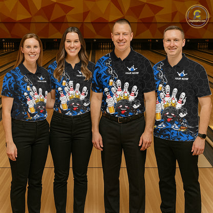 Black And Blue Funny Drunk Beer Bowling Shirts For Men Custom Crown Bowling Jersey Team Uniform TDM8117