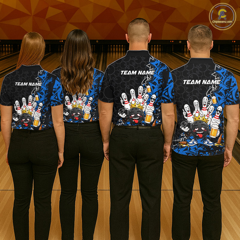 Black And Blue Funny Drunk Beer Bowling Shirts For Men Custom Crown Bowling Jersey Team Uniform TDM8117