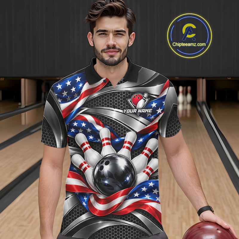 Custom Silver Steel American Flag Bowling Shirts For Men, Patriotic Bowling League Team Jersey TDM8120