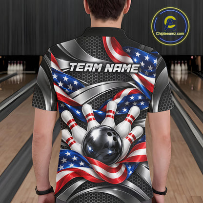 Custom Silver Steel American Flag Bowling Shirts For Men, Patriotic Bowling League Team Jersey TDM8120