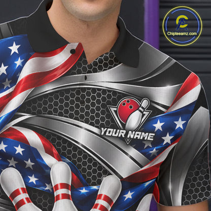 Custom Silver Steel American Flag Bowling Shirts For Men, Patriotic Bowling League Team Jersey TDM8120