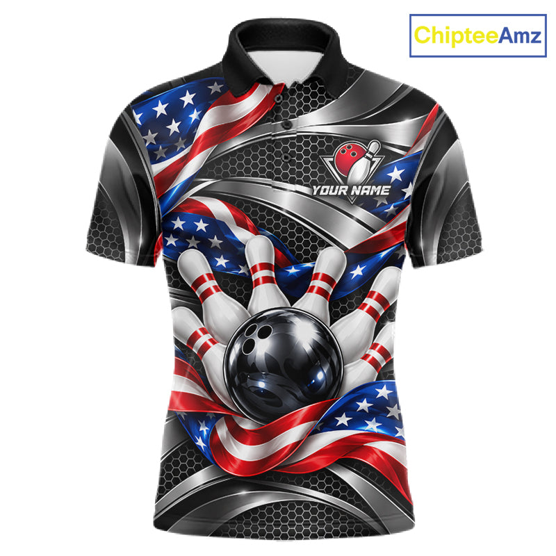 Custom Silver Steel American Flag Bowling Shirts For Men, Patriotic Bowling League Team Jersey TDM8120
