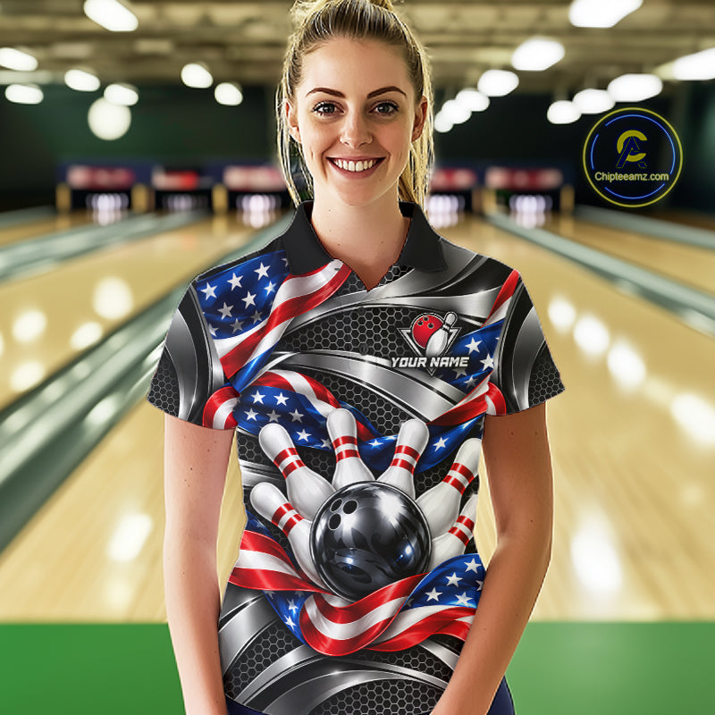 Custom Silver Steel American Flag Bowling Shirts For Women, Patriotic Bowling League Team Jersey TDM8120