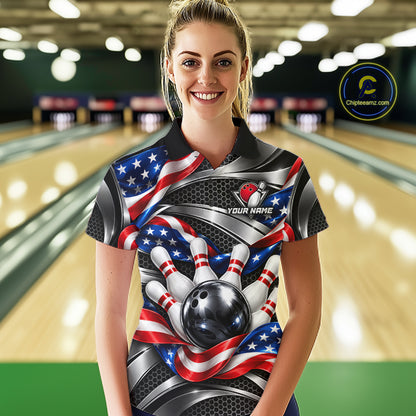 Custom Silver Steel American Flag Bowling Shirts For Women, Patriotic Bowling League Team Jersey TDM8120