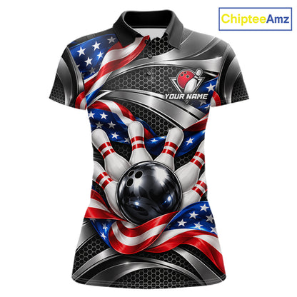 Custom Silver Steel American Flag Bowling Shirts For Women, Patriotic Bowling League Team Jersey TDM8120