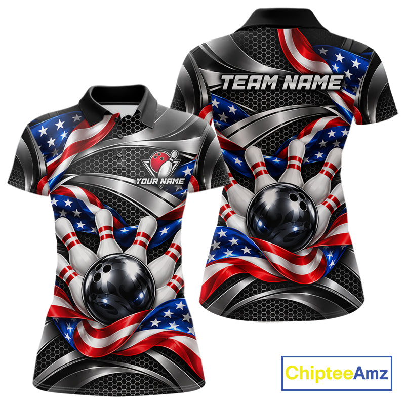 Custom Silver Steel American Flag Bowling Shirts For Women, Patriotic Bowling League Team Jersey TDM8120