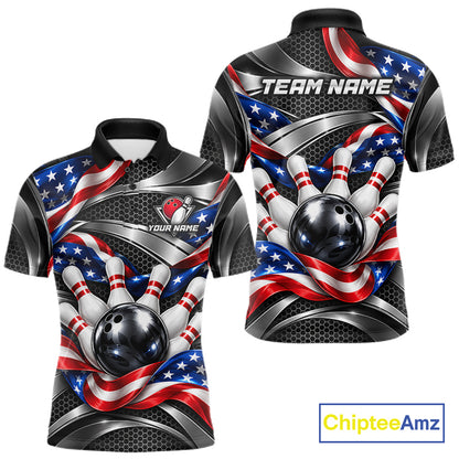 Custom Silver Steel American Flag Bowling Shirts For Men, Patriotic Bowling League Team Jersey TDM8120