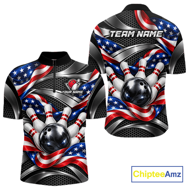 Custom Silver Steel American Flag Bowling Shirts For Men, Patriotic Bowling League Team Jersey TDM8120