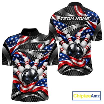 Custom Silver Steel American Flag Bowling Shirts For Men, Patriotic Bowling League Team Jersey TDM8120