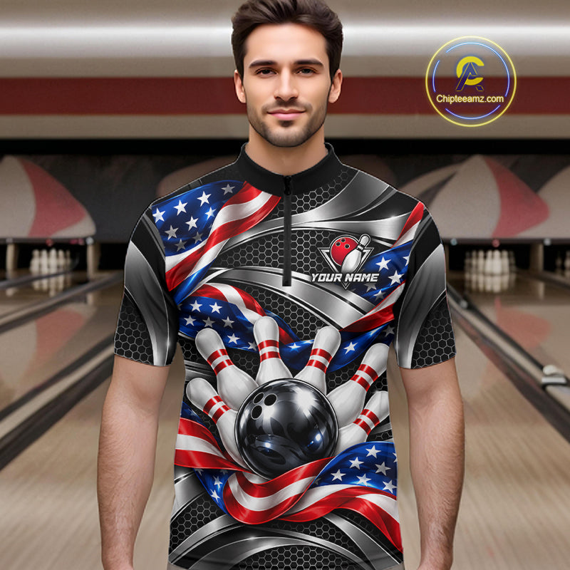 Custom Silver Steel American Flag Bowling Shirts For Men, Patriotic Bowling League Team Jersey TDM8120