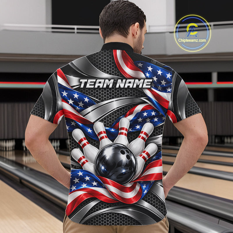 Custom Silver Steel American Flag Bowling Shirts For Men, Patriotic Bowling League Team Jersey TDM8120